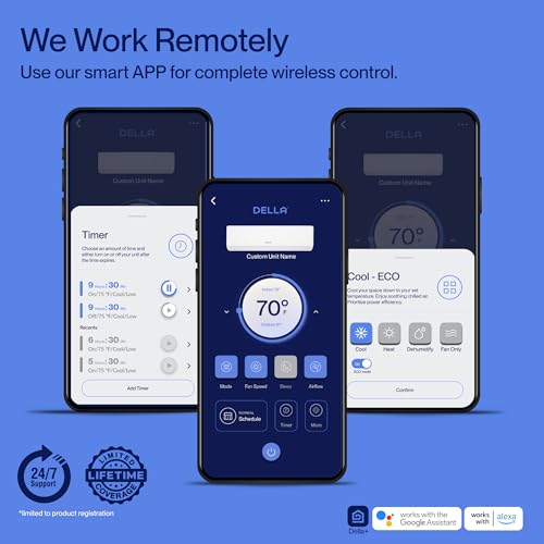 DELLA ‎18K2VR-21S-QC-I+O_3 18000 BTU Mini Split AC 21 SEER2 Cools Up to 1000 Sq.Ft, 208-230V, Wifi Enabled Air Conditioner & Heater with 1.5 Ton Pre-Charged Heat Pump (R32 Refrigerant) (QC Series)