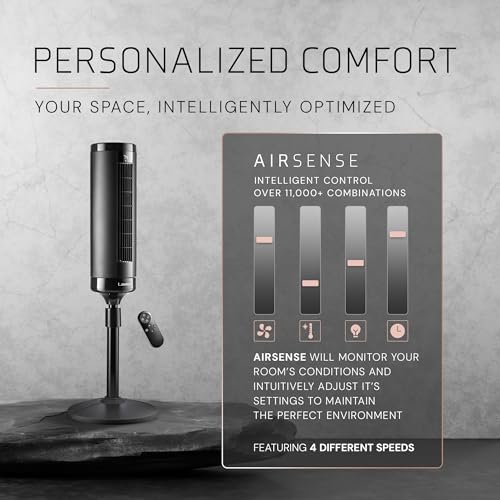 Lasko EST100 Elevation 42”-54” Adjustable Height Pedestal Tower Fans for Home, 31 ft/s Airflow, Quiet 28 dB on Low, 90° Oscillation, 12 Hour Timer, Remote Control, Black