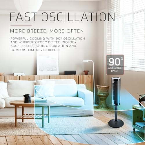 Lasko EST100 Elevation 42”-54” Adjustable Height Pedestal Tower Fans for Home, 31 ft/s Airflow, Quiet 28 dB on Low, 90° Oscillation, 12 Hour Timer, Remote Control, Black