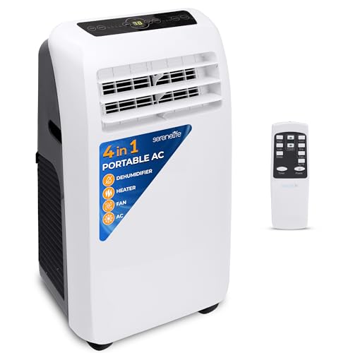 SereneLife SLACHT128 Small Air Conditioner Portable 12,000 BTU with Built-in Dehumidifier + Heat - Portable AC unit for rooms up to 550 sq ft - Remote Control, Window Mount Exhaust Kit