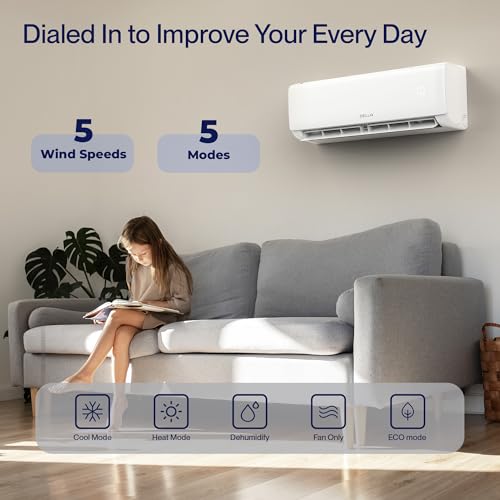 DELLA ‎18K2VR-21S-QC-I+O_3 18000 BTU Mini Split AC 21 SEER2 Cools Up to 1000 Sq.Ft, 208-230V, Wifi Enabled Air Conditioner & Heater with 1.5 Ton Pre-Charged Heat Pump (R32 Refrigerant) (QC Series)