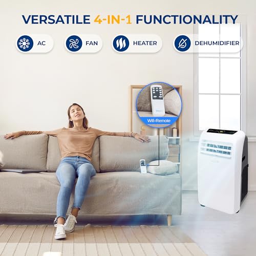 SereneLife SLACHT128 Small Air Conditioner Portable 12,000 BTU with Built-in Dehumidifier + Heat - Portable AC unit for rooms up to 550 sq ft - Remote Control, Window Mount Exhaust Kit