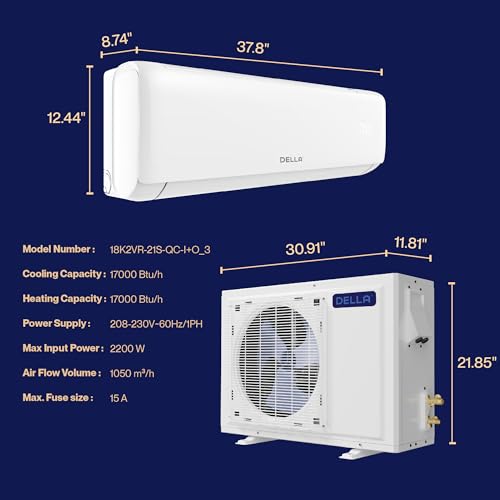 DELLA ‎18K2VR-21S-QC-I+O_3 18000 BTU Mini Split AC 21 SEER2 Cools Up to 1000 Sq.Ft, 208-230V, Wifi Enabled Air Conditioner & Heater with 1.5 Ton Pre-Charged Heat Pump (R32 Refrigerant) (QC Series)