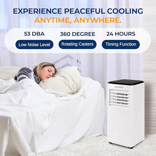 SereneLife SLACP803 Single Duct Portable Air Conditioner-8000 BTU Capacity (ASHRAE) Compact Home A/C Cooling Unit with Built-in Dehumidifier & Fan Modes, includes Window Mount Kit (White and Black)
