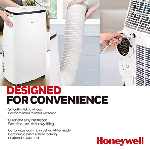 Honeywell HJ0CESWK7 10,000 BTU Portable Air Conditioner for Bedroom, Living Room, Office, Kitchen, 115V, Cools Up To 450 Sq. Ft. with Remote Control, Dehumidifier and Fan, 24-hour Timer, White