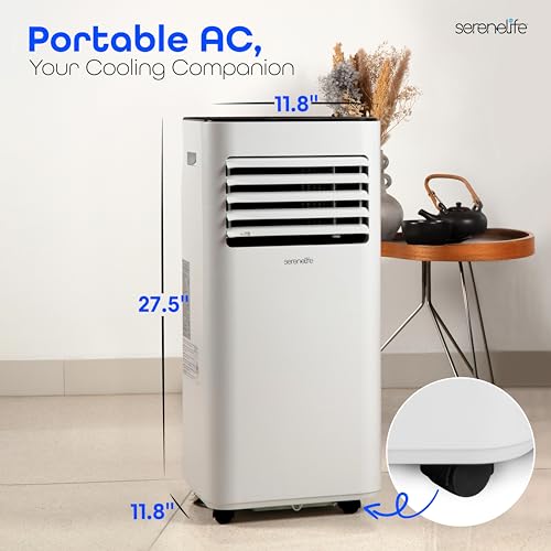 SereneLife SLPAC180W 8000 BTU Portable Air Conditioner - 3-in-1 Compact Standing Air Conditioner for Room Up to 300 Sq. Ft. - Floor AC Unit with Remote Control - Universal Casters, Window Mount Kit