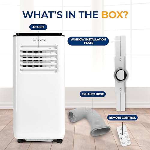 SereneLife SLACP803 Single Duct Portable Air Conditioner-8000 BTU Capacity (ASHRAE) Compact Home A/C Cooling Unit with Built-in Dehumidifier & Fan Modes, includes Window Mount Kit (White and Black)