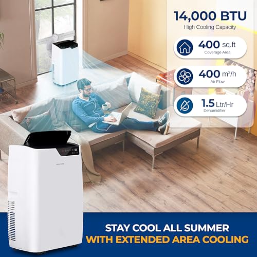 SereneLife SLACHT14W Portable Air Conditioner 14000 BTU - Compact Free Standing Single Duct A/C Unit w/Cooling, Heat, Dehumidifier & Fan, Energy Efficient, 400 Sq.Ft. Cooling, Includes Window Mount Kit, Wheels