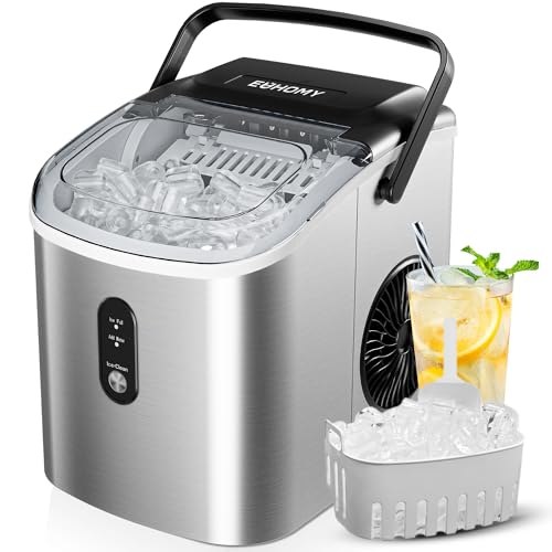 EUHOMY IM-18SX Countertop Ice Maker Machine with Handle, 26.3lbs per Day, 9 Cubes in 6 Mins, Auto-Cleaning Portable Ice Maker with Basket and Scoop, for Home/Kitchen/Camping/RV. (Silver)