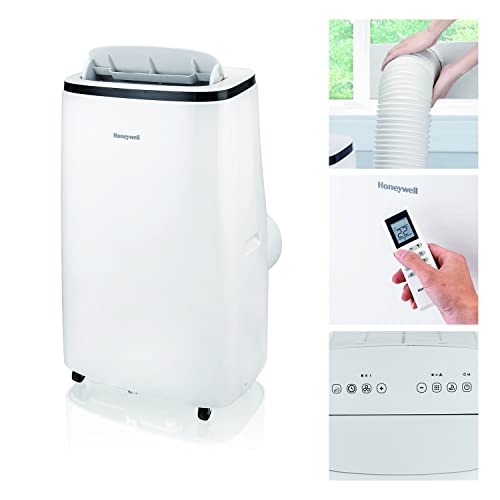 Honeywell HJ2CESWK8 12,000 BTU Portable Air Conditioner for Bedroom, Living Room, Basement, 115V, Cools Up To 550 Sq. Ft. with 3 Speeds, Timer, Dehumidifier, Fan, and Remote Control, Black/White