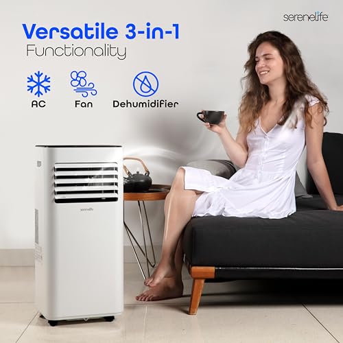 SereneLife SLPAC180W 8000 BTU Portable Air Conditioner - 3-in-1 Compact Standing Air Conditioner for Room Up to 300 Sq. Ft. - Floor AC Unit with Remote Control - Universal Casters, Window Mount Kit