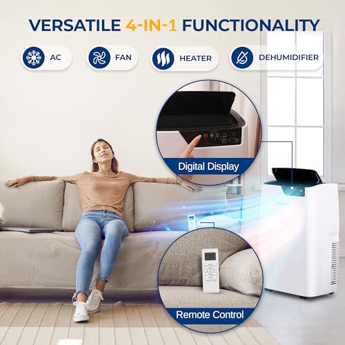 SereneLife SLACHT14W Portable Air Conditioner 14000 BTU - Compact Free Standing Single Duct A/C Unit w/Cooling, Heat, Dehumidifier & Fan, Energy Efficient, 400 Sq.Ft. Cooling, Includes Window Mount Kit, Wheels