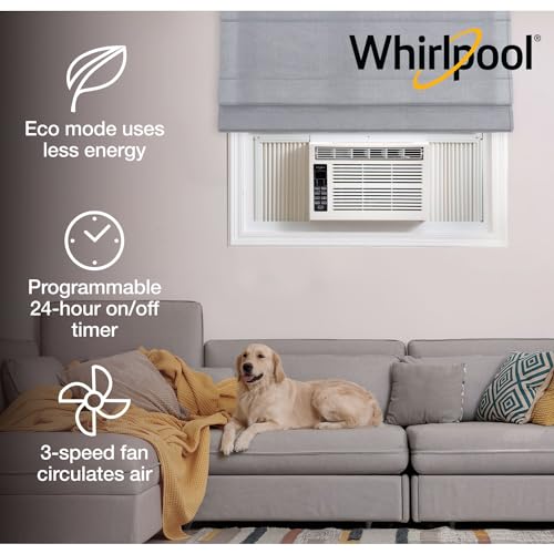 Whirlpool WHAW081CW 8,000 BTU Window Air Conditioner with Dehumidifier, 115V, Window AC for Rooms up to 350 Sq. Ft., Living Room, Bedroom, or Apartment, with 3 Speeds, Remote Control, and 24H Timer, White