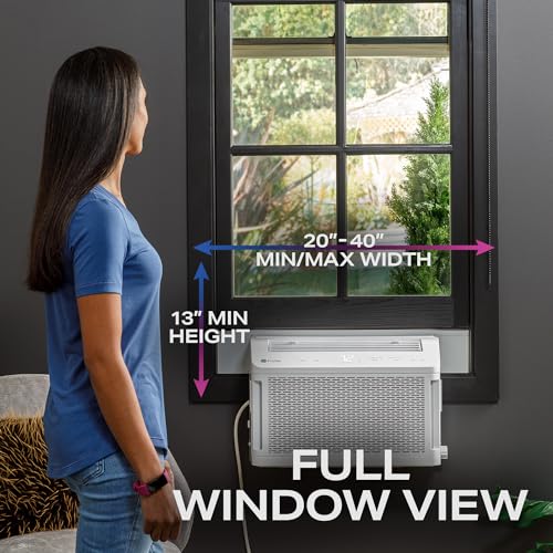 GE Profile AHTT08BC ClearView Window Air Conditioner Unit, 8,300 BTU, U-Shaped Adjustable Depth, Energy Efficient Cooling up to 350 sq ft., Ultra Quiet, SMART Home Capable, Includes Remote, White