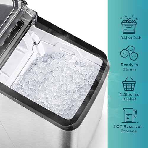 EUHOMY ‎IM-03S Nugget Ice Maker Countertop, Max 34lbs/Day, 2 Way Water Refill, Self-Cleaning Pebble Ice Maker Machine with 3Qt Reservoir, Ideal for Home, Office, Bar, and Party. (Silver)