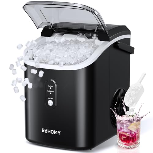 EUHOMY IM-12S-HM Nugget Ice Maker Countertop with Handle, Ready in 6 Mins, 34lbs/24H, Removable Top Cover, Auto-Cleaning, Portable Sonic Ice Maker with Basket and Scoop, for Home/Party/RV/Camping. (Black)