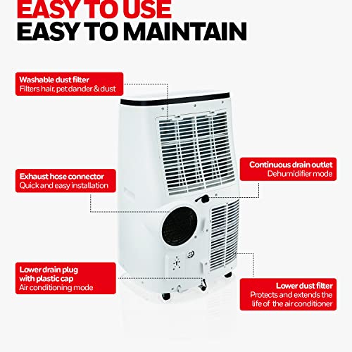 Honeywell HJ2CESWK8 12,000 BTU Portable Air Conditioner for Bedroom, Living Room, Basement, 115V, Cools Up To 550 Sq. Ft. with 3 Speeds, Timer, Dehumidifier, Fan, and Remote Control, Black/White