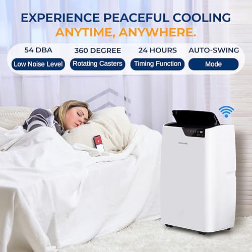 SereneLife SLACHT14W Portable Air Conditioner 14000 BTU - Compact Free Standing Single Duct A/C Unit w/Cooling, Heat, Dehumidifier & Fan, Energy Efficient, 400 Sq.Ft. Cooling, Includes Window Mount Kit, Wheels