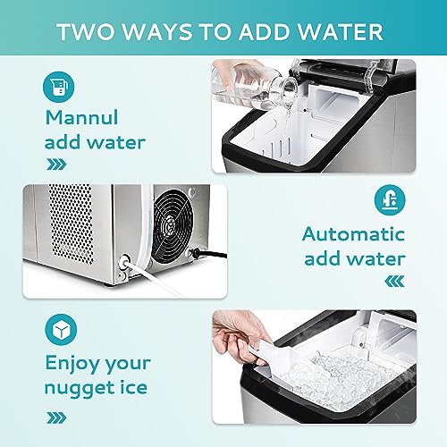 EUHOMY ‎IM-03S Nugget Ice Maker Countertop, Max 34lbs/Day, 2 Way Water Refill, Self-Cleaning Pebble Ice Maker Machine with 3Qt Reservoir, Ideal for Home, Office, Bar, and Party. (Silver)