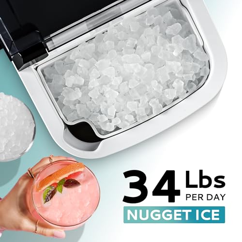 EUHOMY IM-12S-HM Nugget Ice Maker Countertop with Handle, Ready in 6 Mins, 34lbs/24H, Removable Top Cover, Auto-Cleaning, Portable Sonic Ice Maker with Basket and Scoop, for Home/Party/RV/Camping. (Black)