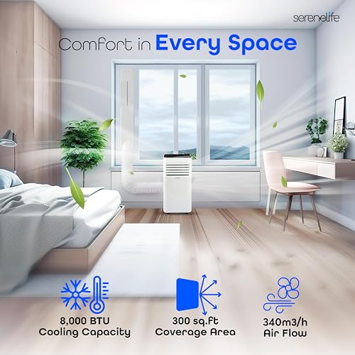 SereneLife SLPAC180W 8000 BTU Portable Air Conditioner - 3-in-1 Compact Standing Air Conditioner for Room Up to 300 Sq. Ft. - Floor AC Unit with Remote Control - Universal Casters, Window Mount Kit