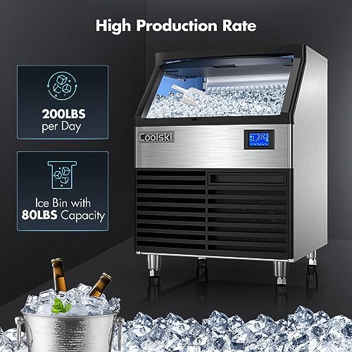 Coolski IM180 Commercial Ice Maker Machine 200LBS/24H, 26’’ Under Counter Ice Machine with 80LBS Storage Capacity, Stainless Steel Ice Maker for Restaurant/Bar/Home, Air Cooled/Clear Ice Cubes/ETL Approved