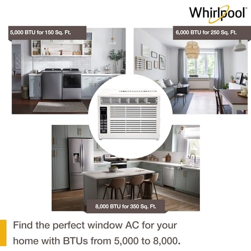 Whirlpool WHAW081CW 8,000 BTU Window Air Conditioner with Dehumidifier, 115V, Window AC for Rooms up to 350 Sq. Ft., Living Room, Bedroom, or Apartment, with 3 Speeds, Remote Control, and 24H Timer, White