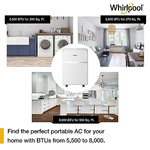 Whirlpool WHAP131BWC 8,000 BTU Portable Air Conditioner for Home with Dehumidifier, A/C Portable Air Conditioner for Apartment and Bedroom, 115V, AC for Small Rooms up to 350 Square Feet with Remote in White