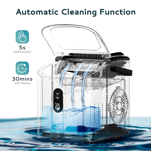 EUHOMY ‎IM-18SX Countertop Ice Maker Machine with Handle, 26.3lbs per Day, 9 Cubes in 6 Mins, Auto-Cleaning Portable Ice Maker with Basket and Scoop, for Home/Kitchen/Camping/RV. (Silver)