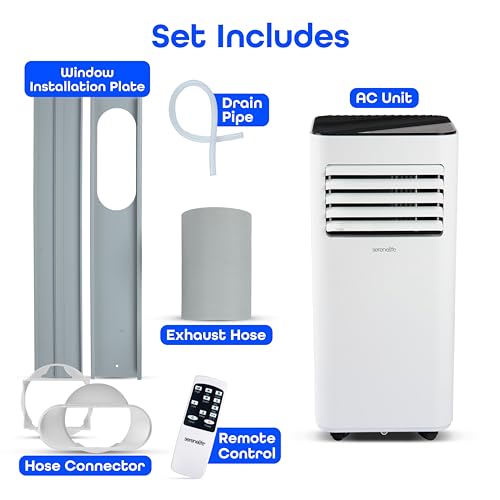 SereneLife SLPAC180W 8000 BTU Portable Air Conditioner - 3-in-1 Compact Standing Air Conditioner for Room Up to 300 Sq. Ft. - Floor AC Unit with Remote Control - Universal Casters, Window Mount Kit