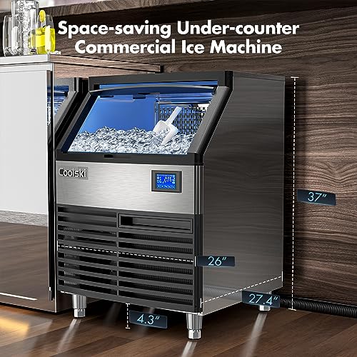 Coolski IM180 Commercial Ice Maker Machine 200LBS/24H, 26’’ Under Counter Ice Machine with 80LBS Storage Capacity, Stainless Steel Ice Maker for Restaurant/Bar/Home, Air Cooled/Clear Ice Cubes/ETL Approved