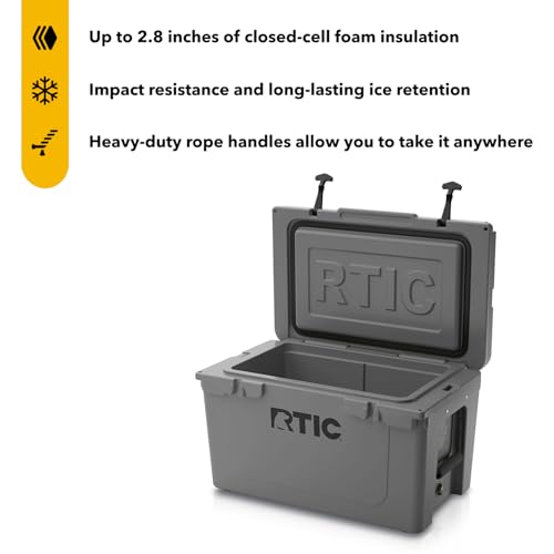 RTIC 45 QT Ultra-Tough Cooler Hard Insulated Portable Ice Chest Box for Beach, Drink, Beverage, Camping, Picnic, Fishing, Boat, Barbecue, Dark Grey