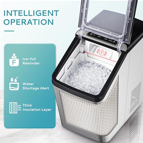 EUHOMY ‎IM-03S Nugget Ice Maker Countertop, Max 34lbs/Day, 2 Way Water Refill, Self-Cleaning Pebble Ice Maker Machine with 3Qt Reservoir, Ideal for Home, Office, Bar, and Party. (Silver)