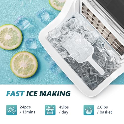 EUHOMY IM-FP Ice Cube Maker Machine Countertop, 2 Ways to Add Water, 45Lbs/Day 24 Pcs Ready in 13 Mins, Self-Cleaning Portable Compact, with Ice Scoop & Basket, Perfect for Home/Kitchen/Office/Bar