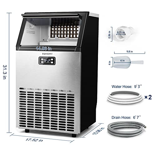 EUHOMY IM-02 Commercial Ice Maker Machine, 100lbs/24H Stainless Steel Under Counter ice Machine with 33lbs Ice Storage Capacity, Freestanding Ice Maker.