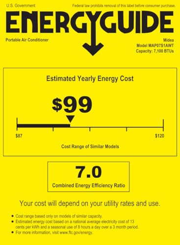 Midea MAP07S1AWT 10,000 BTU ASHRAE (7,100 BTU SACC) Portable Air Conditioner Smart Control, Cools up to 300 Sq. Ft., with Dehumidifier & Fan mode, Easy- to-use Remote Control & Window Installation Kit Included