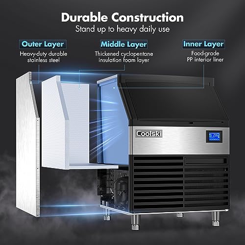 Coolski IM180 Commercial Ice Maker Machine 200LBS/24H, 26’’ Under Counter Ice Machine with 80LBS Storage Capacity, Stainless Steel Ice Maker for Restaurant/Bar/Home, Air Cooled/Clear Ice Cubes/ETL Approved