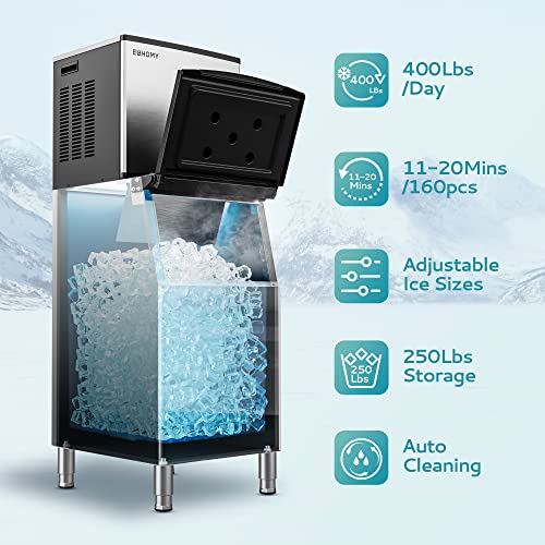 EUHOMY B0C4T13VC4 Commercial Ice Maker Machine 400Lbs/24H, SECOP Compressor&ETL Approval, Industrial Ice Machine, 250Lbs Storage, Ice Ready in 8-15 min, Stainless Steel Ice Maker for Bar/Cafe/Restaurant/Business