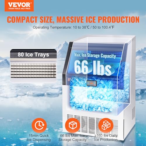 VEVOR LB160T Commercial Ice Maker, 160lbs/24H, Ice Maker Machine, 80 Ice Cubes in 12-15 Minutes, Freestanding Cabinet Ice Maker with 66lbs Storage Capacity LED Digital Display, for Bar Home Office Restaurant