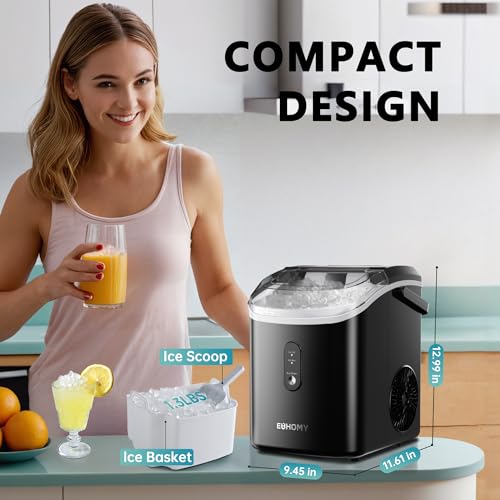 EUHOMY IM-12S-HM Nugget Ice Maker Countertop with Handle, Ready in 6 Mins, 34lbs/24H, Removable Top Cover, Auto-Cleaning, Portable Sonic Ice Maker with Basket and Scoop, for Home/Party/RV/Camping. (Black)