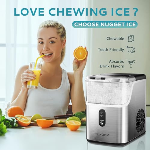 EUHOMY IM-15S Nugget Ice Makers Countertop, Pebble Ice Maker Machine with 35lbs/24H Soft Ice, Self-Cleaning Sonic Ice Maker with Ice Scoop&Basket, Pellet Ice Maker for Home/Kitchen/Office(Stainless Steels)