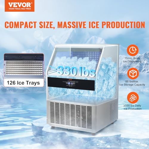 VEVOR SSX300 Commercial Ice Maker Machine, 330lbs/24H Ice Maker Machine with 88lbs Storage Capacity, 126 Ice Cubes in 12-15 Minutes, LED Digital Display Commercial Ice Maker for Bar Home Restaurant