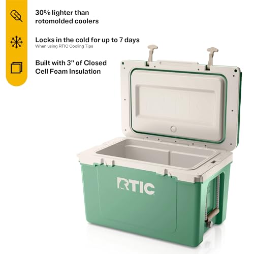 RTIC Ultra-Light 52 Quart Hard Cooler Insulated Portable Ice Chest Box for Beach, Drink, Beverage, Camping, Picnic, Fishing, Boat, Barbecue, 30% Lighter Than Rotomolded Coolers, Sage/Beach