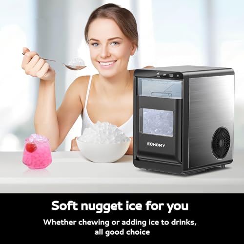 EUHOMY Nugget Ice Maker Countertop, 44Lbs/24H Pebble Ice Maker Machine, Self-Cleaning Pellet Ice Machine with Ice Scoop&basket, Sonic Countertop Ice Machine for Home/Kitchen/Office(Black)