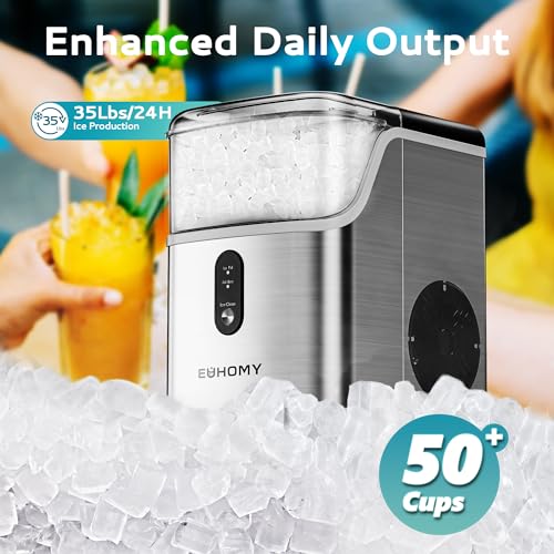EUHOMY IM-15S Nugget Ice Makers Countertop, Pebble Ice Maker Machine with 35lbs/24H Soft Ice, Self-Cleaning Sonic Ice Maker with Ice Scoop&Basket, Pellet Ice Maker for Home/Kitchen/Office(Stainless Steels)
