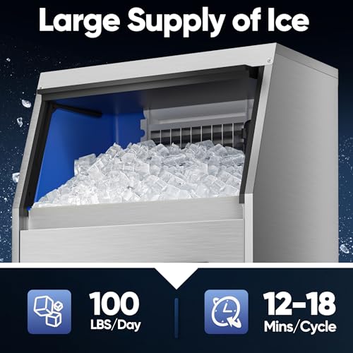 Coolski IM90B Commercial Ice Maker Machine 100LBS/24H, Under Counter Ice Maker with 34LBS Storage Capacity, Stainless Steel Ice Machine for Restaurant Home Bar, DOE