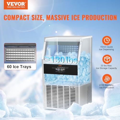 VEVOR SSX120 Commercial Ice Maker, 130lbs/24H, Ice Maker Machine, 60 Ice Cubes in 12-15 Minutes, Freestanding Cabinet Ice Maker with 33lbs Storage Capacity LED Digital Display, for Bar Home Office Restaurant