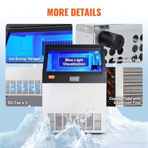 VEVOR LB160T Commercial Ice Maker, 160lbs/24H, Ice Maker Machine, 80 Ice Cubes in 12-15 Minutes, Freestanding Cabinet Ice Maker with 66lbs Storage Capacity LED Digital Display, for Bar Home Office Restaurant