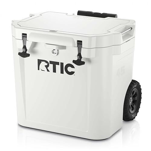 RTIC 45 QT Wheeled Ultra-Tough Cooler Hard Insulated Portable Ice Chest Box for Beach, Drink, Beverage, Camping, Picnic, Fishing, Boat, Barbecue, Rotomolded Construction, White