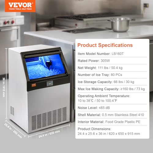 VEVOR LB160T Commercial Ice Maker, 160lbs/24H, Ice Maker Machine, 80 Ice Cubes in 12-15 Minutes, Freestanding Cabinet Ice Maker with 66lbs Storage Capacity LED Digital Display, for Bar Home Office Restaurant